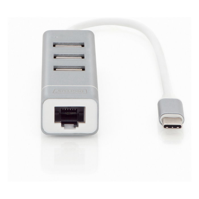 Digitus USB Adapter USB2.0/C -> RJ45 Ethernet+3-Port-Hub - Concentrador USB 2.0 de 3 Puertos y Adaptador LAN Fast Ethernet con Conexión Type-C (Aluminio)