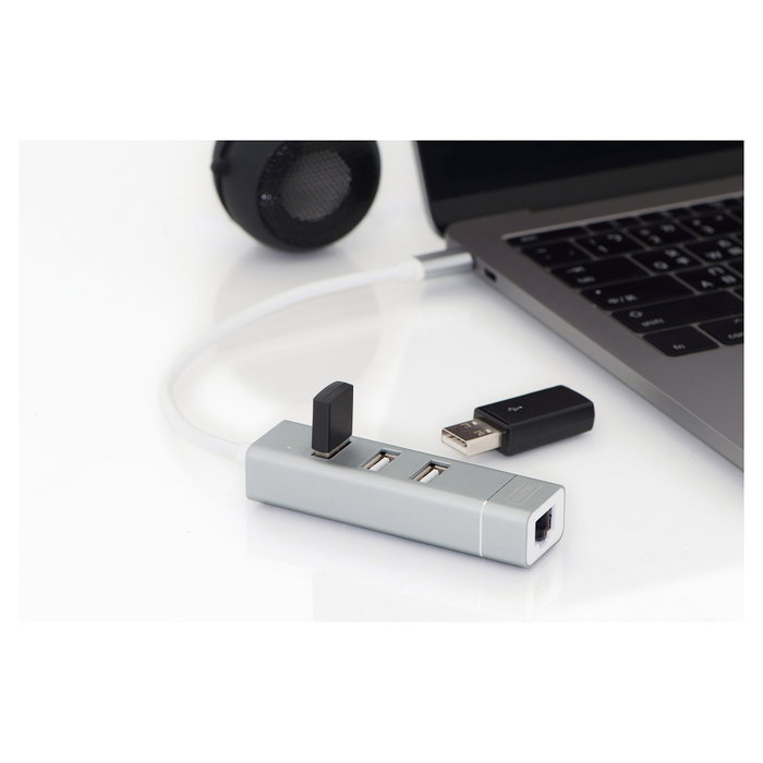 Digitus USB Adapter USB2.0/C -> RJ45 Ethernet+3-Port-Hub - Concentrador USB 2.0 de 3 Puertos y Adaptador LAN Fast Ethernet con Conexión Type-C (Aluminio)