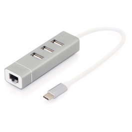 Digitus USB Adapter USB2.0/C -> RJ45 Ethernet+3-Port-Hub - Concentrador USB 2.0 de 3 Puertos y Adaptador LAN Fast Ethernet con Conexión Type-C (Aluminio)