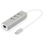 Digitus USB Adapter USB2.0/C -> RJ45 Ethernet+3-Port-Hub - Concentrador USB 2.0 de 3 Puertos y Adaptador LAN Fast Ethernet con Conexión Type-C (Aluminio)