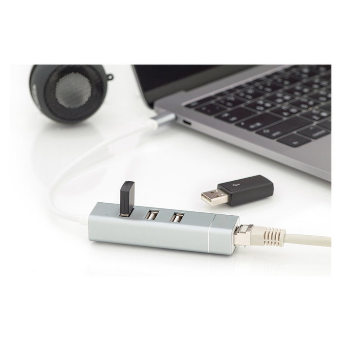 Digitus USB Adapter USB2.0/C -> RJ45 Ethernet+3-Port-Hub - Concentrador USB 2.0 de 3 Puertos y Adaptador LAN Fast Ethernet con Conexión Type-C (Aluminio)