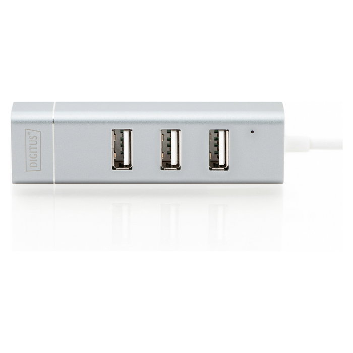 Digitus USB Adapter USB2.0/C -> RJ45 Ethernet+3-Port-Hub - Concentrador USB 2.0 de 3 Puertos y Adaptador LAN Fast Ethernet con Conexión Type-C (Aluminio)