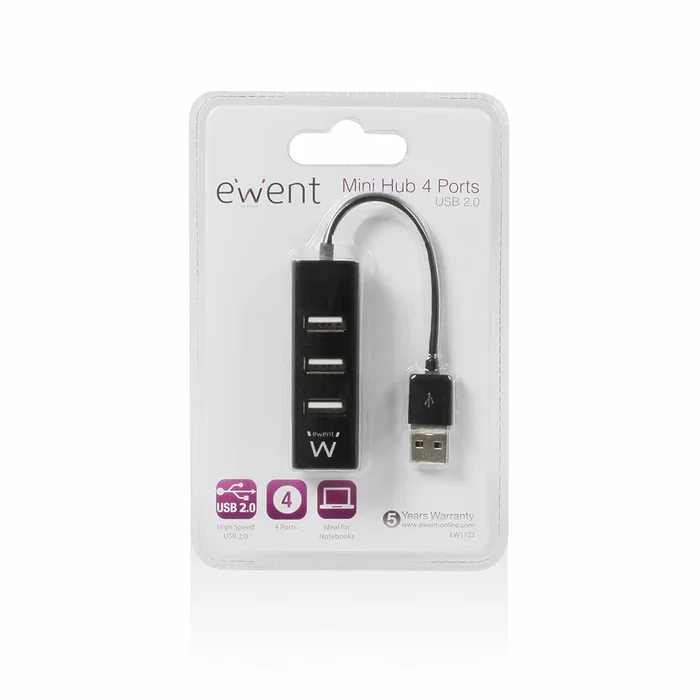 Ewent Hub EW1123 con 4 puertos USB 2.0, Negro