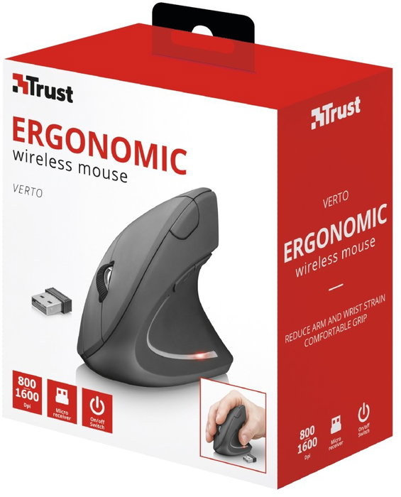 Trust Verto Wireless - Ratón inalámbrico ergonómico con 1600 DPI, receptor USB, 6 botones, diseño vertical - Negro
