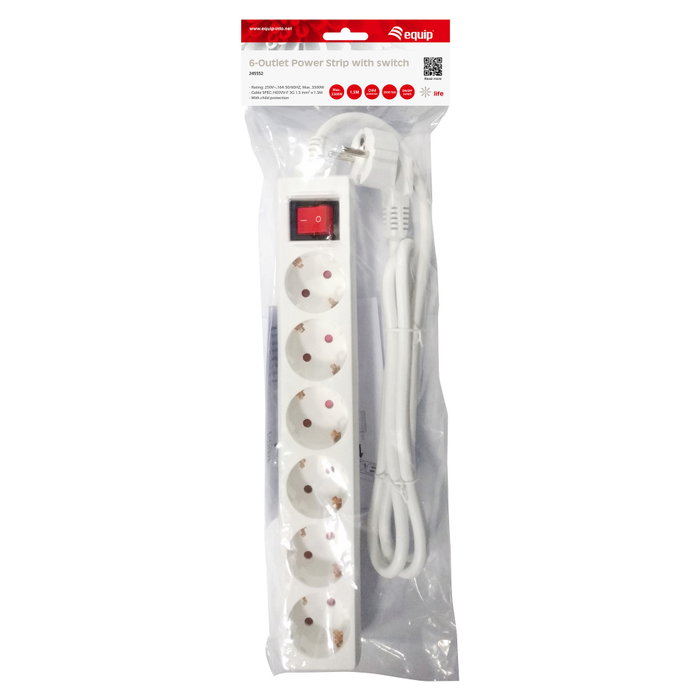 Equip Regleta de Alimentación 6 Tomas con Cable de 1,5 m y Botón de Encendido/Apagado