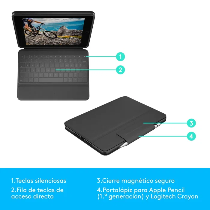 Logitech Rugged Folio 920-009317 Funda con Teclado para iPad 7ª, 8ª y 9ª Generación, Teclado QWERTY Español a Prueba de Salpicaduras, Smart Connector, Color Grafito