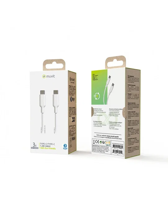 Muvit MCUSC0008 Cable USB Tipo-C Macho a USB Tipo-C Macho 1.2m, Carga Rápida 60W 3A y Datos, Blanco, 100% Reciclable, USB 2.0