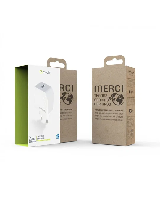 Muvit Cargador de Pared MCACC0002 12W/2.4A con 1 Puerto USB Blanco - 100% Reciclable, For Change, Clavija Europea, 100-240V, para Cargador Móvil Universal Muvit Cargador de Pared MCACC0002 12W/2.4A con 1 Puerto USB Blanco - 100% Reciclable, For Change, Clavija Europea, 100-240V, para Cargador Móvil Universal