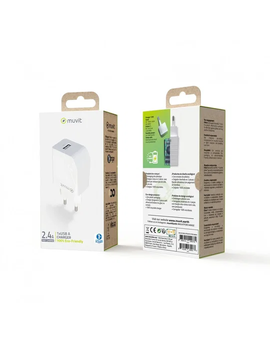 Muvit Cargador de Pared MCACC0002 12W/2.4A con 1 Puerto USB Blanco - 100% Reciclable, For Change, Clavija Europea, 100-240V, para Cargador Móvil Universal Muvit Cargador de Pared MCACC0002 12W/2.4A con 1 Puerto USB Blanco - 100% Reciclable, For Change, Clavija Europea, 100-240V, para Cargador Móvil Universal