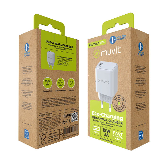 Muvit For Change Cargador de Pared MCACC0002 15W USB-A Blanco