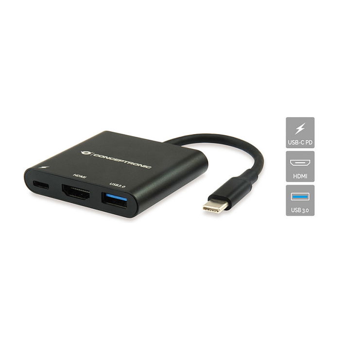 Conceptronic DONN01B Adaptador USB-C a HDMI/USB-A/60W PD, 15cm