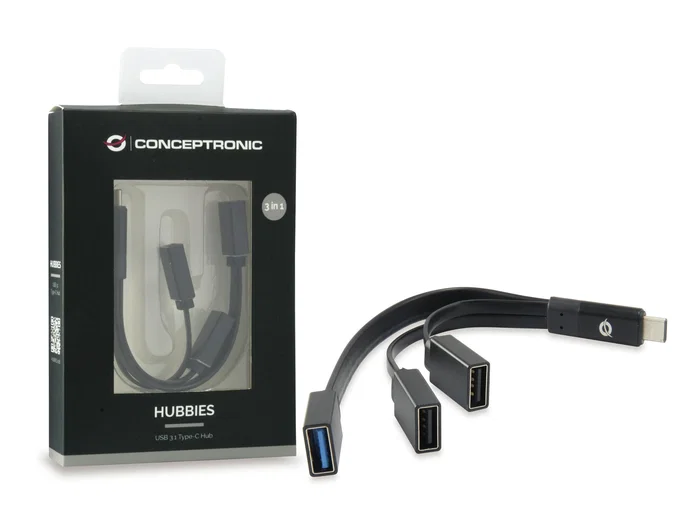 Conceptronic HUBBIES01B Hub USB-C con 1 puerto USB 3.0 y 2 puertos USB 2.0, Negro