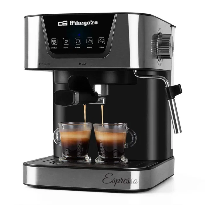 Orbegozo EX 6000 Cafetera Espresso Manual 1050W 20 Bares 1.5L, con Vaporizador y Bandeja Calientatazas, para Café Molido y Monodosis, Panel Táctil, Negro y Acero Inoxidable