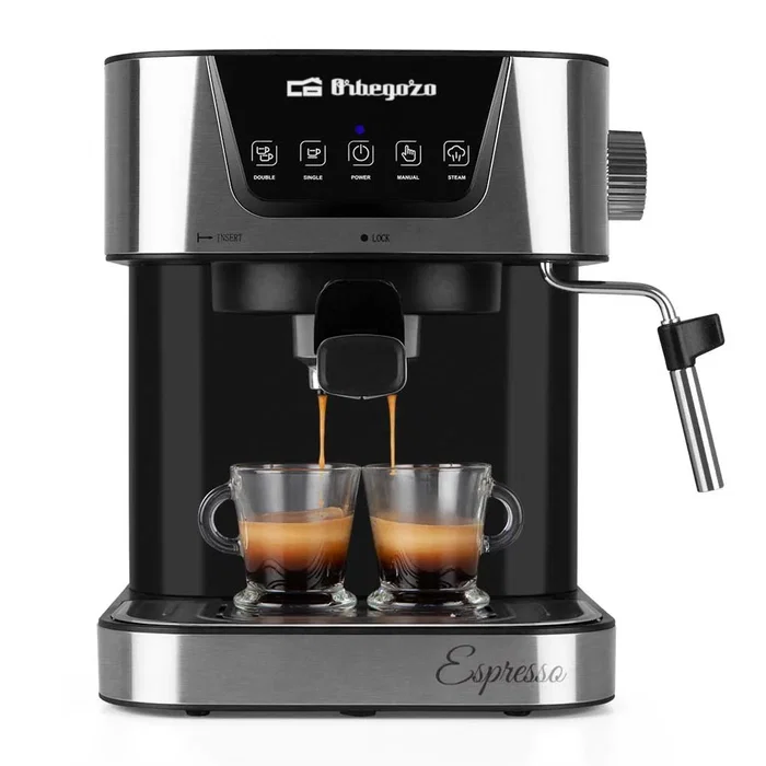 Orbegozo EX 6000 Cafetera Espresso Manual 1050W 20 Bares 1.5L, con Vaporizador y Bandeja Calientatazas, para Café Molido y Monodosis, Panel Táctil, Negro y Acero Inoxidable