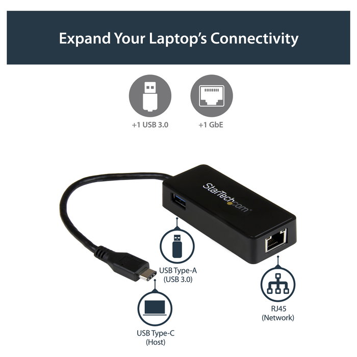 StarTech.com Adaptador de Red Gigabit USB-C con Puerto USB Extra - Ethernet 10/100/1000 Mbit/s, USB 3.1 Gen 1 (5 Gbit/s), Negro