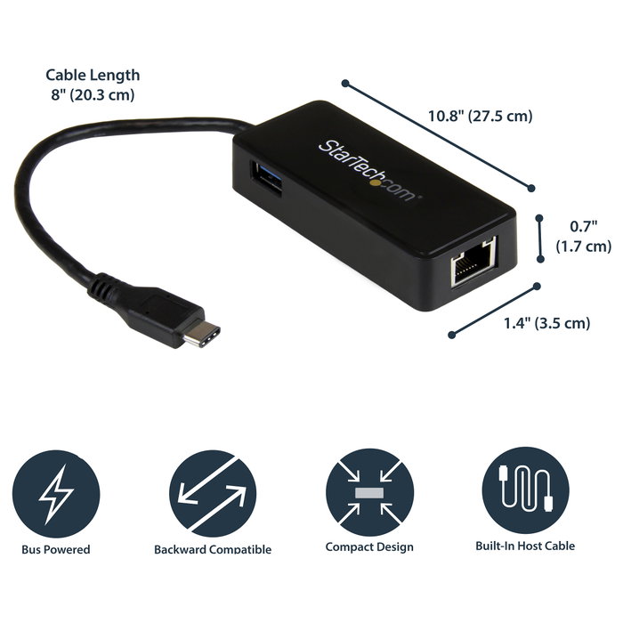 StarTech.com Adaptador de Red Gigabit USB-C con Puerto USB Extra - Ethernet 10/100/1000 Mbit/s, USB 3.1 Gen 1 (5 Gbit/s), Negro
