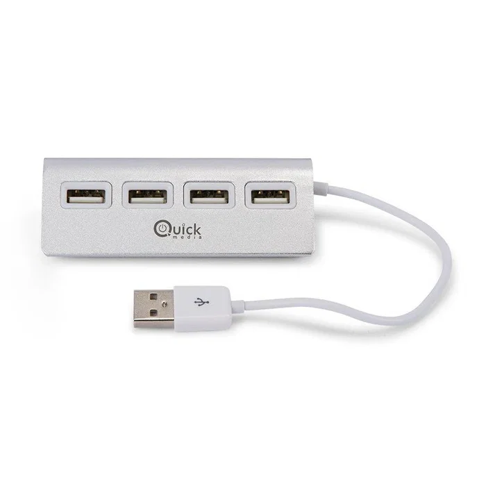 Quick Media 8437013517195 - Hub USB 2.0 de 4 Puertos con Cable Blindado para Mac, iMac, MacBook, PC - Plateado