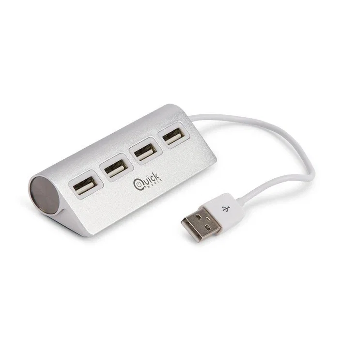 Quick Media 8437013517195 - Hub USB 2.0 de 4 Puertos con Cable Blindado para Mac, iMac, MacBook, PC - Plateado