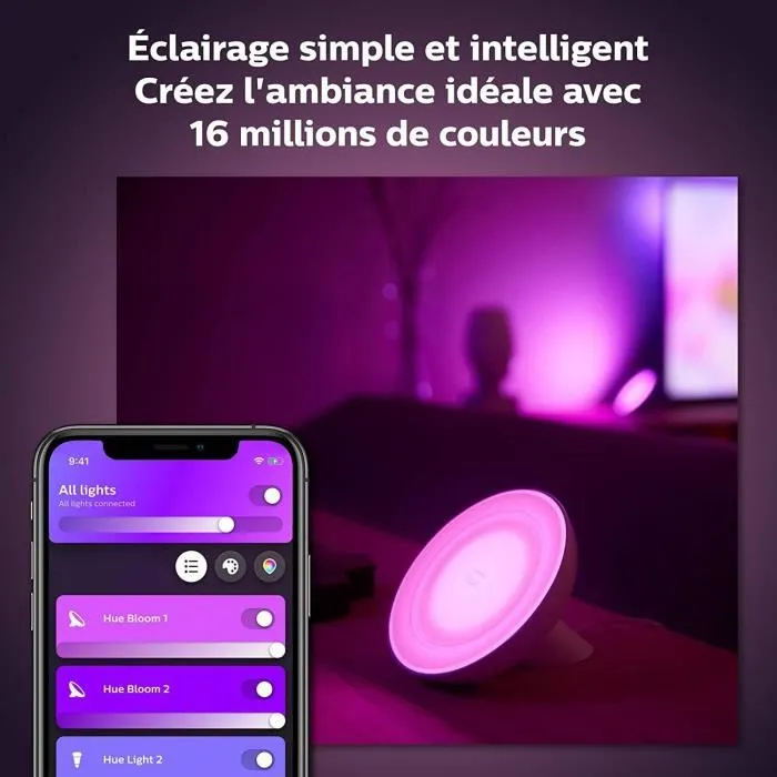 Philips Hue White & Color Ambiance Bloom Lámpara de Mesa Inteligente Negro, Bluetooth/Zigbee, Cambia de Color, Compatible Alexa/Google/HomeKit, 500lm