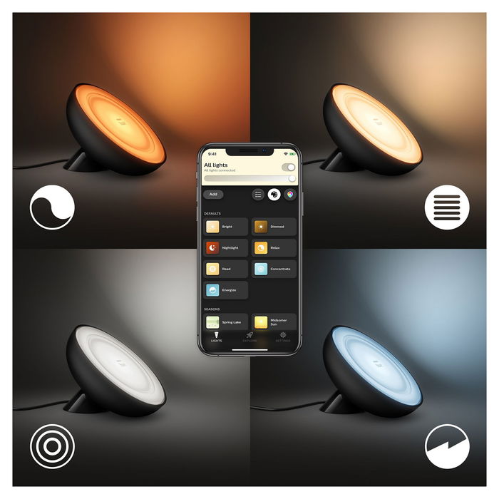 Philips Hue White and Color Ambiance Bloom - Lámpara de Mesa Inteligente, Bluetooth/Zigbee, Negro, LED Integrado 500lm Philips Hue White and Color Ambiance Bloom - Lámpara de Mesa Inteligente, Bluetooth/Zigbee, Negro, LED Integrado 500lm