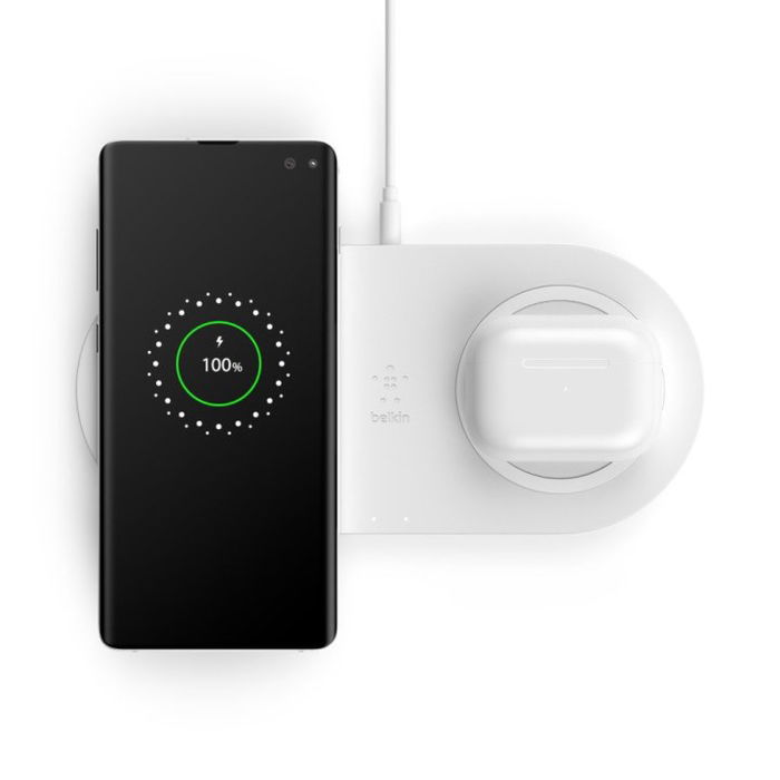 Belkin WIZ002VFWH - Base de Carga Inalámbrica Doble 10W BoostCharge, Compatible con Qi para Smartphones y Auriculares, Color Blanco