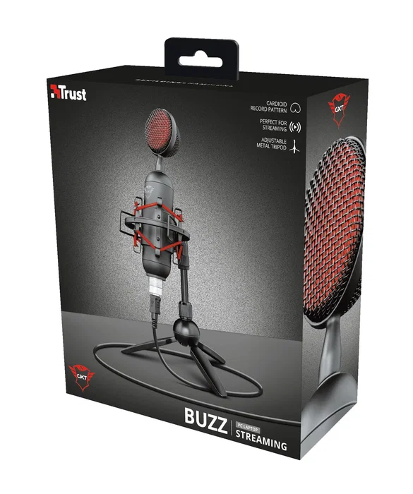 Trust GXT 244 Buzz - Micrófono USB para Streaming, Podcasts y Gaming - Patrón Cardioide, Conexión Plug & Play, Incluye Soporte Amortiguador y Trípode - Cable USB 1.8m - Negro/Rojo