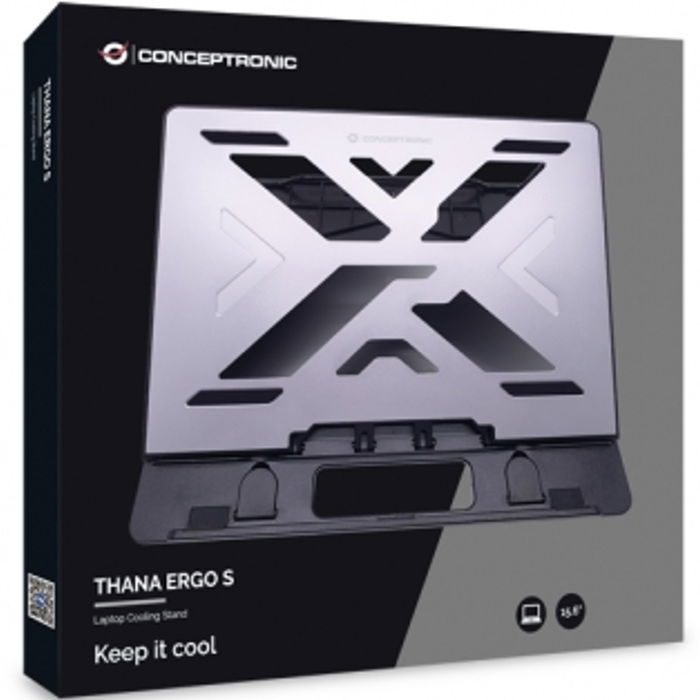 Conceptronic ERGO Soporte Refrigeración Portátil Aluminio, 7 Niveles Ajuste Altura, Enfriamiento Activo, para Portátiles hasta 15.6 Pulgadas