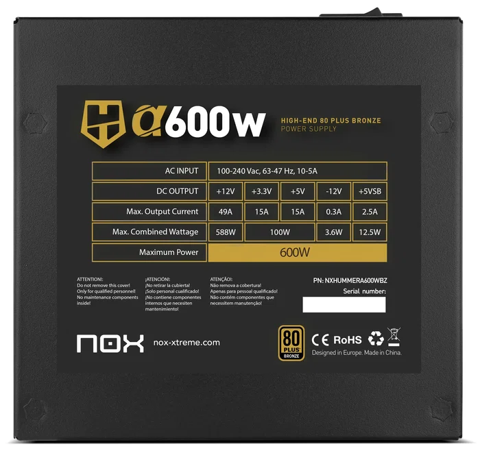 Nox Hummer Alpha 600 W 80 PLUS Bronze ATX Nox Hummer Alpha 600 W 80 PLUS Bronze ATX