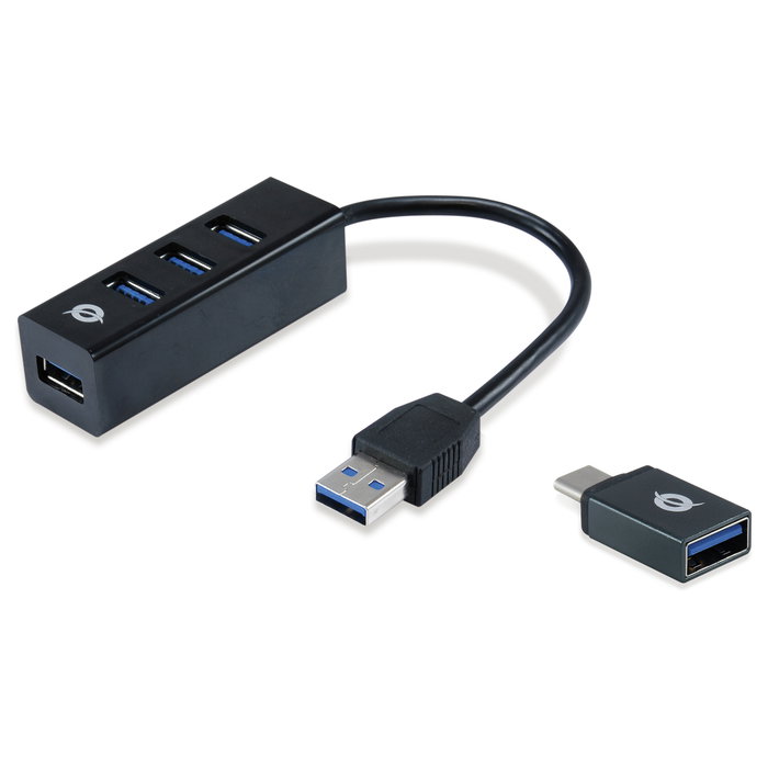 Conceptronic Hubbies04B Hub USB 3.0 de 4 Puertos con Adaptador USB-C, Negro