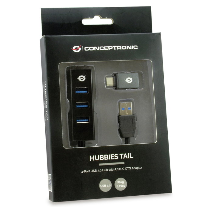 Conceptronic Hubbies04B Hub USB 3.0 de 4 Puertos con Adaptador USB-C, Negro