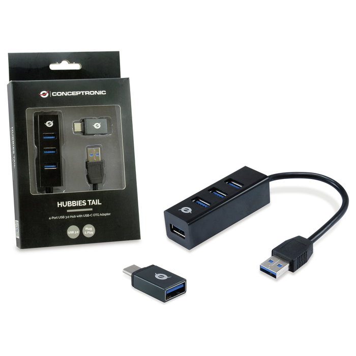 Conceptronic Hubbies04B Hub USB 3.0 de 4 Puertos con Adaptador USB-C, Negro