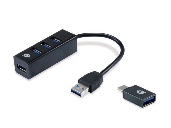 Conceptronic Hubbies04B Hub USB 3.0 de 4 Puertos con Adaptador USB-C, Negro