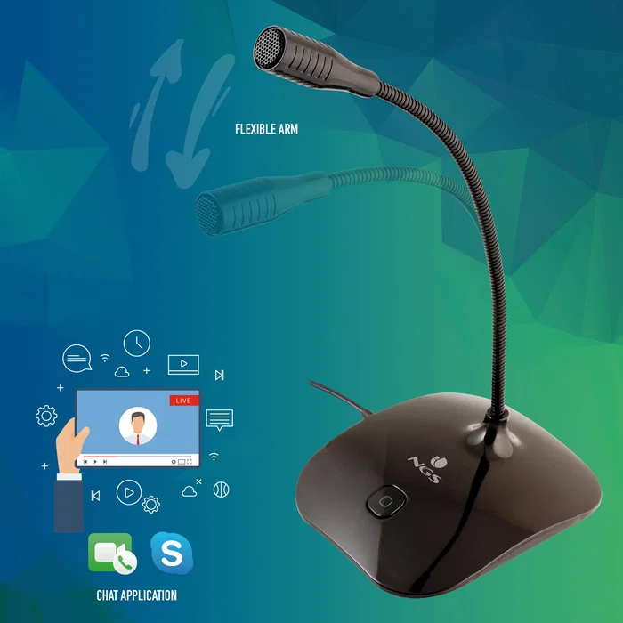 NGS Micrófono Sobremesa MS-115 Negro para PC, Gaming y Videoconferencias con Cuello Flexible, Omnidireccional, Conexión Jack 3.5 mm, Botón Mute y Reducción de Ruido