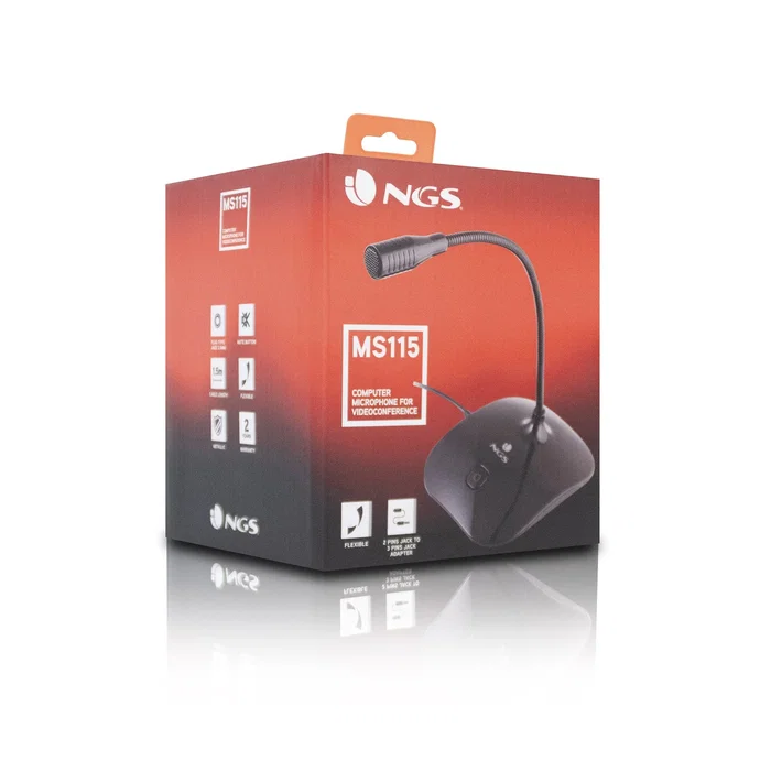 NGS Micrófono Sobremesa MS-115 Negro para PC, Gaming y Videoconferencias con Cuello Flexible, Omnidireccional, Conexión Jack 3.5 mm, Botón Mute y Reducción de Ruido