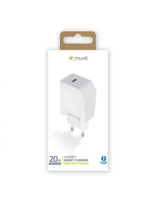 Muvit MCACC0012 Cargador de Pared USB-C 20W PD Blanco, Fabricado con Material 100% Reciclado, Carga Rápida 3A, Compatibilidad Universal, Enchufe Tipo C