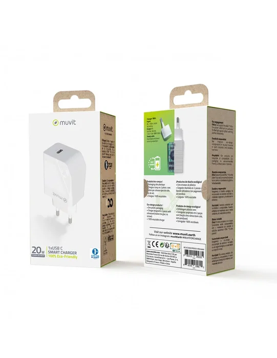 Muvit MCACC0012 Cargador de Pared USB-C 20W PD Blanco, Fabricado con Material 100% Reciclado, Carga Rápida 3A, Compatibilidad Universal, Enchufe Tipo C