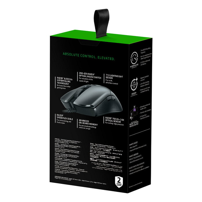 Razer Viper 8KHz - Ratón Gaming Óptico para Juego Ambidiestro, 20000 DPI, 8 Botones Programables, Cable USB 1.8 m, Iluminación, Color Negro