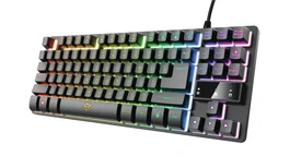 Trust GXT 833 Thado - Teclado Gaming USB Tenkeyless TKL Compacto con Iluminación LED Multicolor, Anti-Ghosting, 12 Teclas Multimedia, Layout Español, Color Negro/Plata