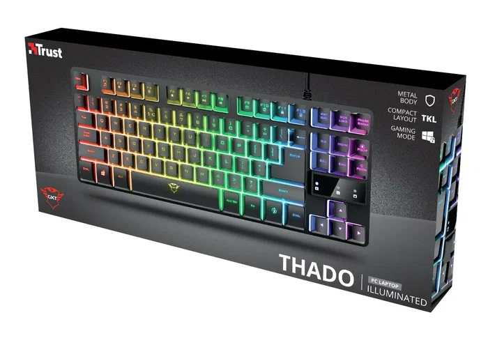 Trust GXT 833 Thado - Teclado Gaming USB Tenkeyless TKL Compacto con Iluminación LED Multicolor, Anti-Ghosting, 12 Teclas Multimedia, Layout Español, Color Negro/Plata