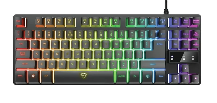 Trust GXT 833 Thado - Teclado Gaming USB Tenkeyless TKL Compacto con Iluminación LED Multicolor, Anti-Ghosting, 12 Teclas Multimedia, Layout Español, Color Negro/Plata