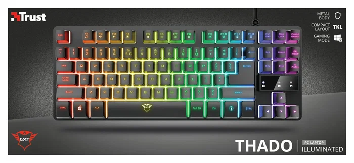 Trust GXT 833 Thado - Teclado Gaming USB Tenkeyless TKL Compacto con Iluminación LED Multicolor, Anti-Ghosting, 12 Teclas Multimedia, Layout Español, Color Negro/Plata