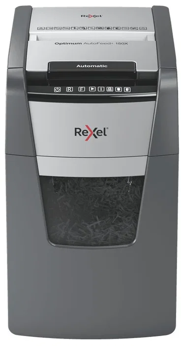 Rexel Optimum AutoFeed+ 150X - Destructora de papel de corte confeti P-4 automática para 150 hojas, tritura grapas y tarjetas, papelera de 44L