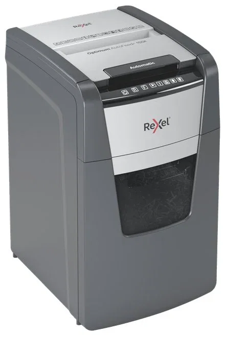 Rexel Optimum AutoFeed+ 150X - Destructora de papel de corte confeti P-4 automática para 150 hojas, tritura grapas y tarjetas, papelera de 44L