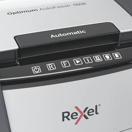 Rexel Optimum AutoFeed+ 150X - Destructora de papel de corte confeti P-4 automática para 150 hojas, tritura grapas y tarjetas, papelera de 44L