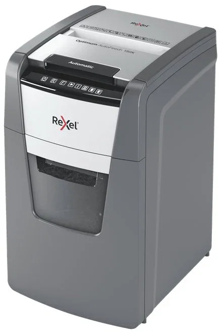 Rexel Optimum AutoFeed+ 150X - Destructora de papel de corte confeti P-4 automática para 150 hojas, tritura grapas y tarjetas, papelera de 44L