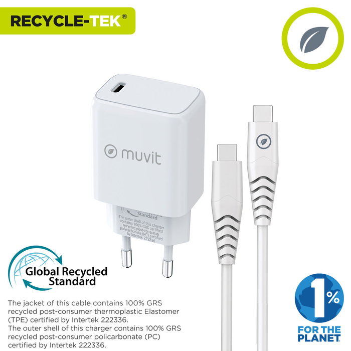 Muvit For Change MCPAK0044 Cargador de Pared 20W USB-C con Cable USB-C a USB-C