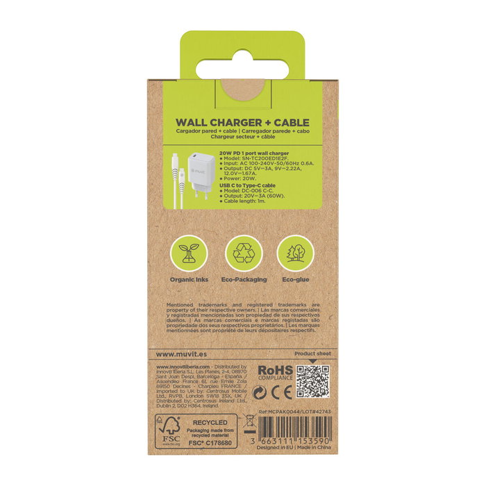 Muvit For Change MCPAK0044 Cargador de Pared 20W USB-C con Cable USB-C a USB-C