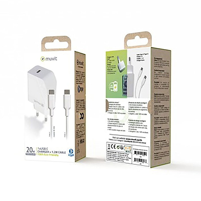 Muvit For Change MCPAK0044 Cargador de Pared 20W USB-C con Cable USB-C a USB-C