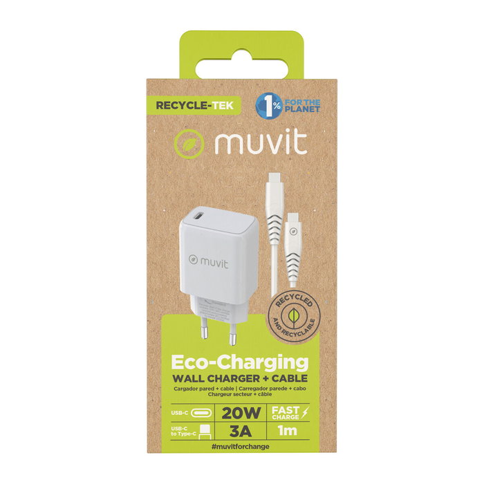 Muvit For Change MCPAK0044 Cargador de Pared 20W USB-C con Cable USB-C a USB-C