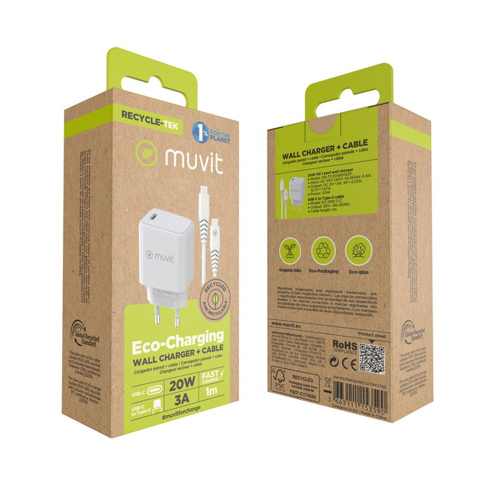 Muvit For Change MCPAK0044 Cargador de Pared 20W USB-C con Cable USB-C a USB-C